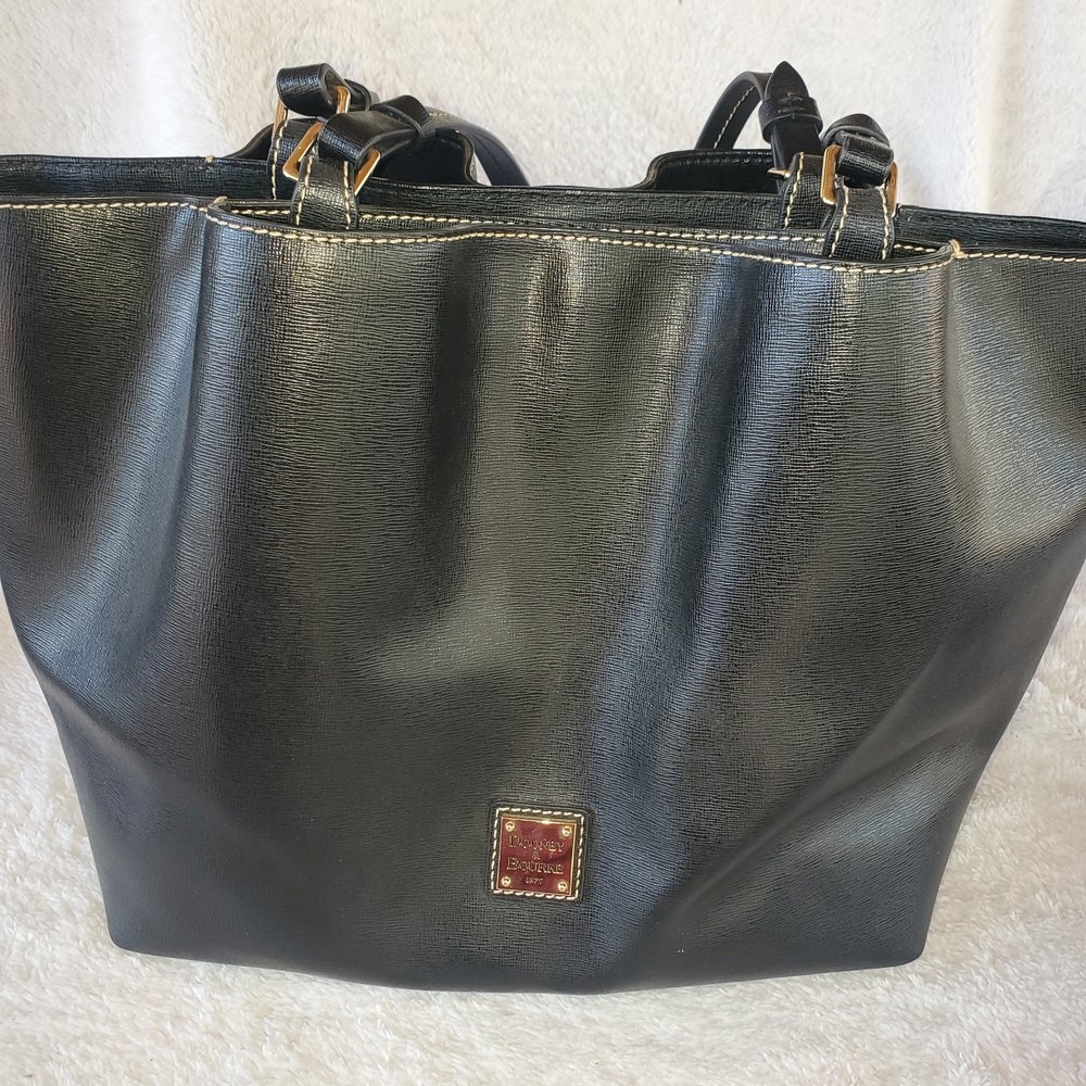 Black Leather Tote Bag with Contrast Stitching